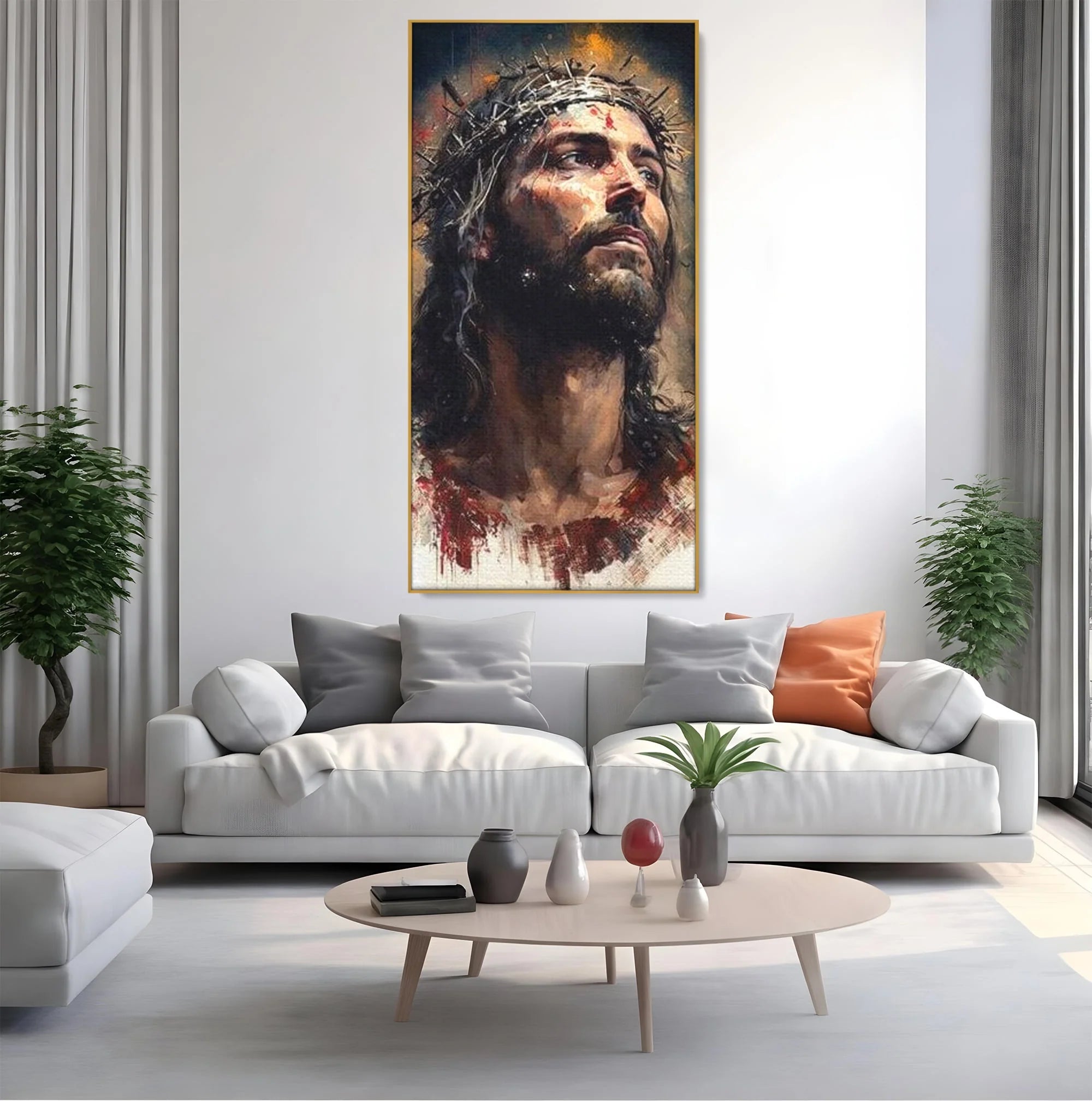 Tablou canvas cu tablou cu iisus purtand coroana de spini, in rama de aluminiu auriu, pe perete intr-un living